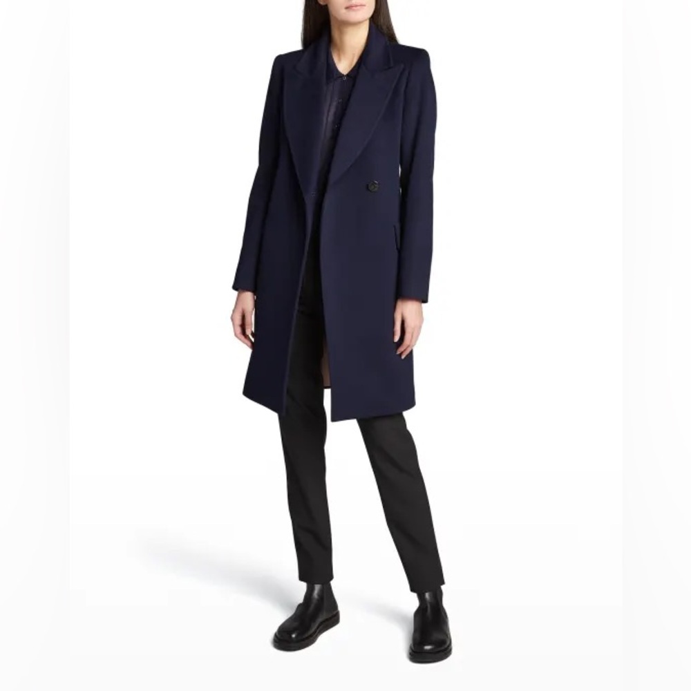 Fleurette One Button Double Breasted Wool Coat in Midnight Navy Blue Size 6 New